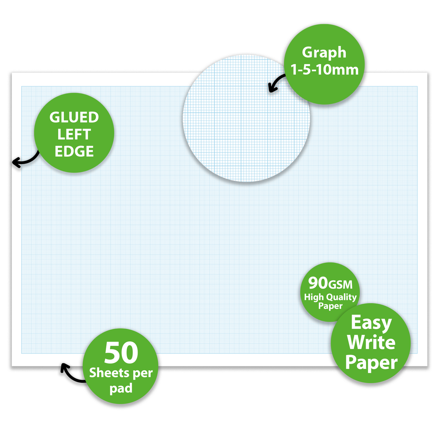 A3 Graph Pad x 50 Sheets of Smooth White 90gsm Paper with 1-5-10mm Graph. Ideal for Technical Drawing, Plotting graphs, Drafting Designs (Ref. 70390)
