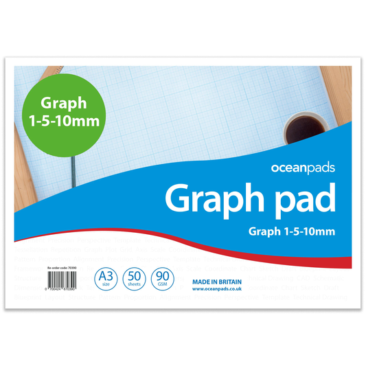 A3 Graph Pad x 50 Sheets of Smooth White 90gsm Paper with 1-5-10mm Graph. Ideal for Technical Drawing, Plotting graphs, Drafting Designs (Ref. 70390)