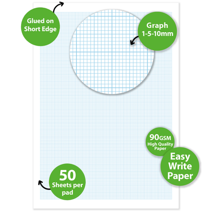 A4 Graph Pad 1-5-10mm Grid – 50 Sheets 90gsm Graph Paper for Technical Drawing, Plotting Graphs, Engineering & Drafting – Ocean Pads (70406)