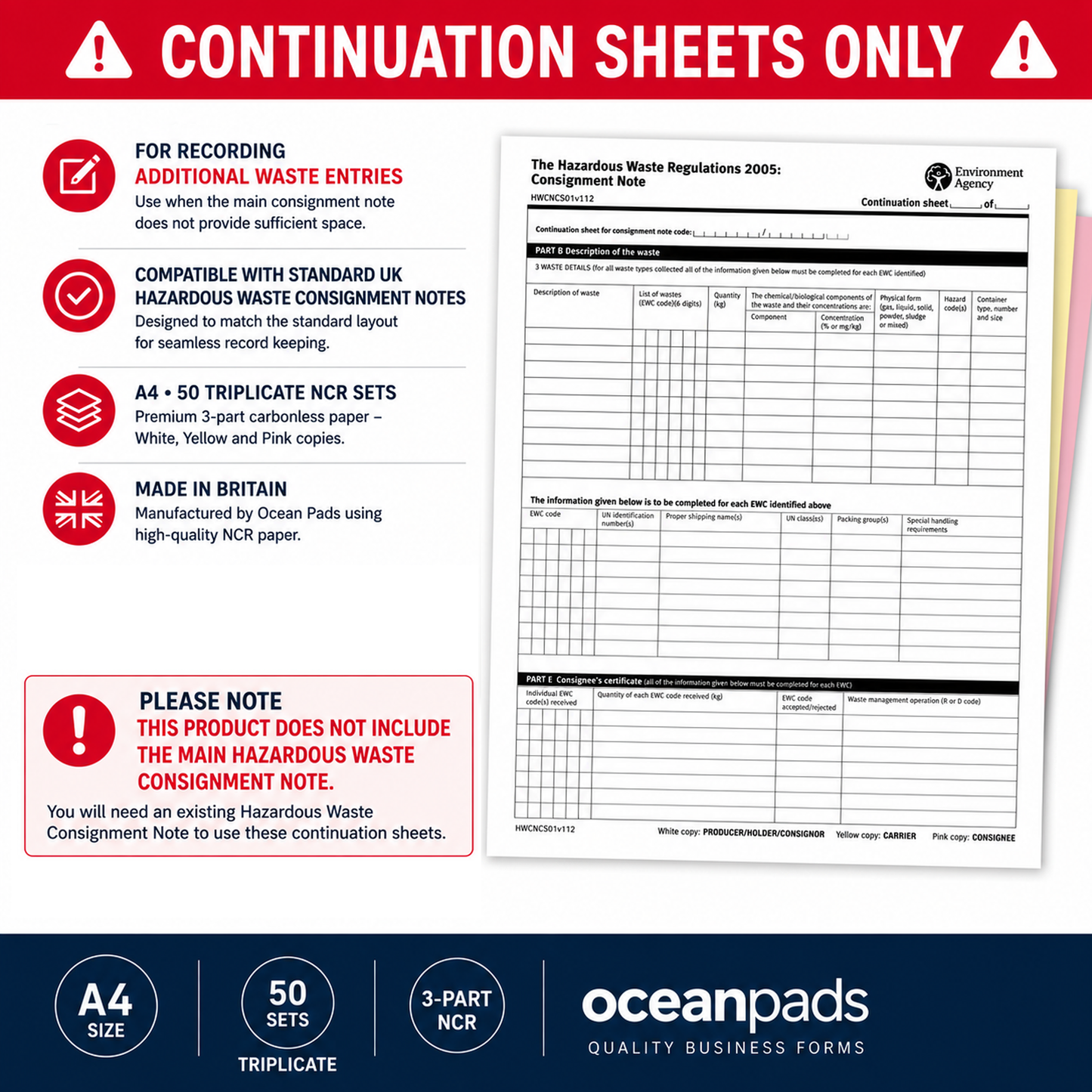 Hazardous Waste Consignment Note Continuation Sheets A4 | 3-Part NCR | 50 Sets