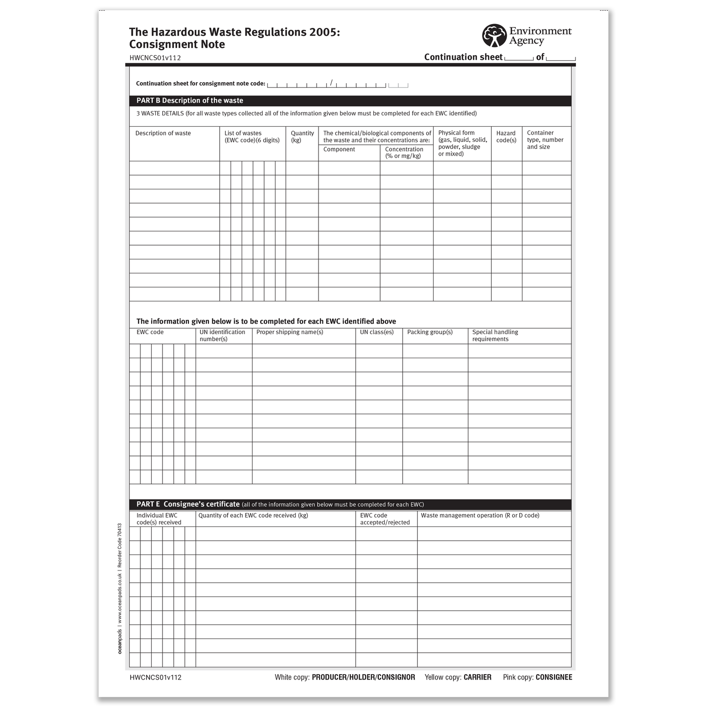 Hazardous Waste Consignment Note Continuation Sheets A4 | 3-Part NCR | 50 Sets