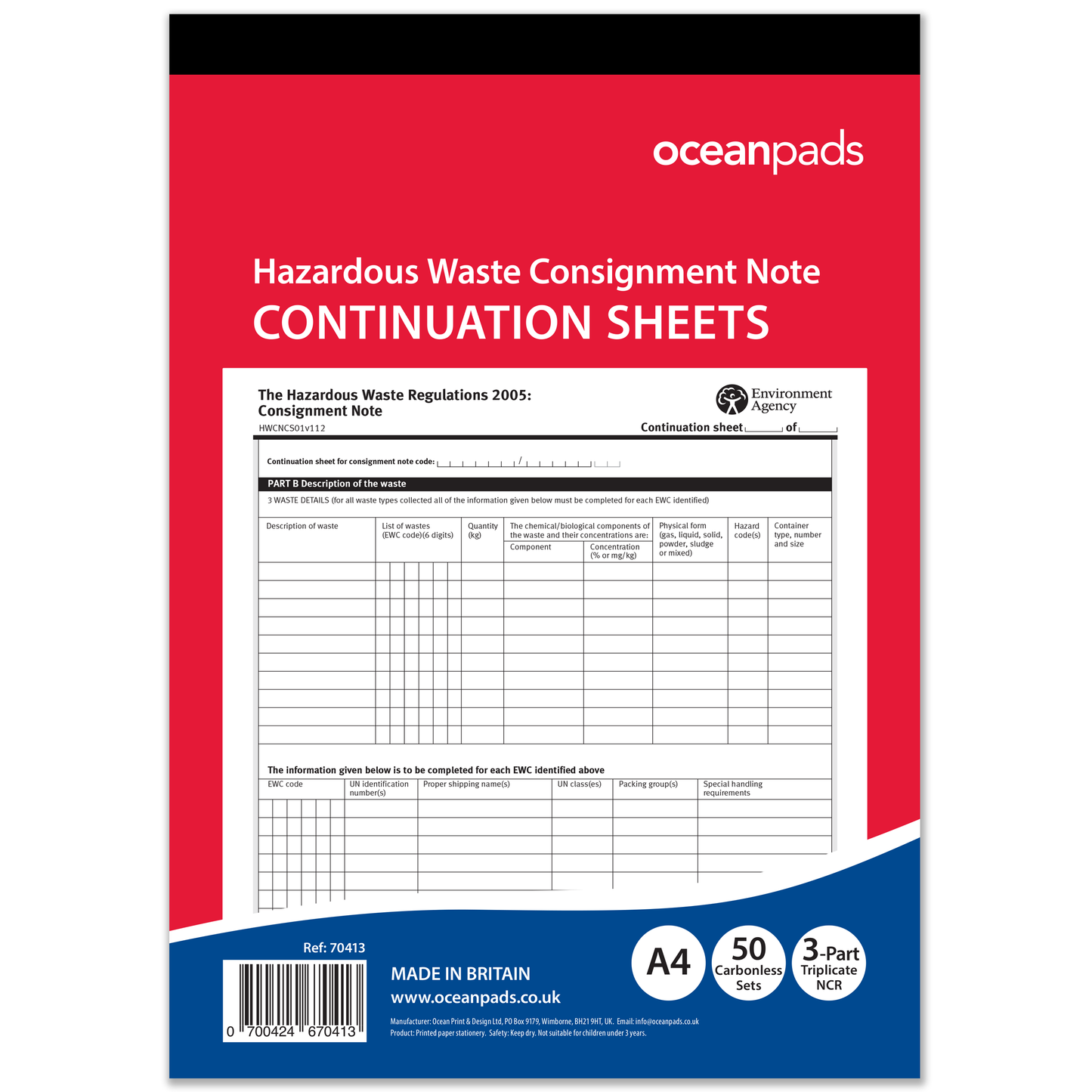 Hazardous Waste Consignment Note Continuation Sheets A4 | 3-Part NCR | 50 Sets