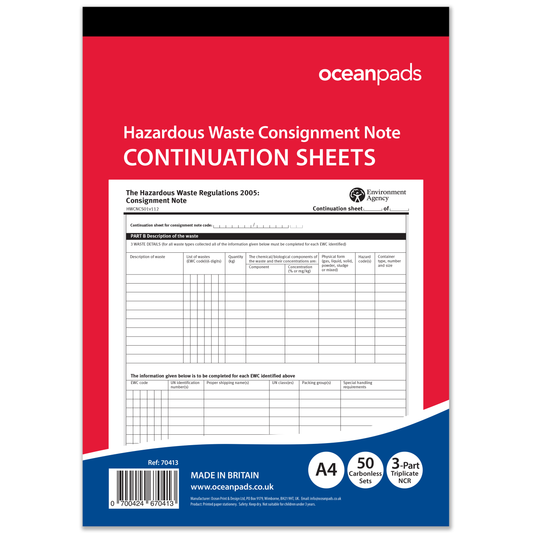 Hazardous Waste Consignment Note Continuation Sheets A4 | 3-Part NCR | 50 Sets