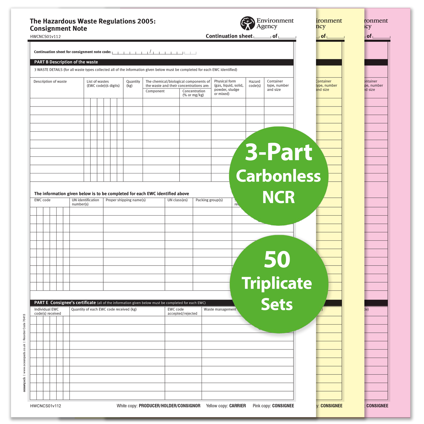 Hazardous Waste Consignment Note Continuation Sheets A4 | 3-Part NCR | 50 Sets