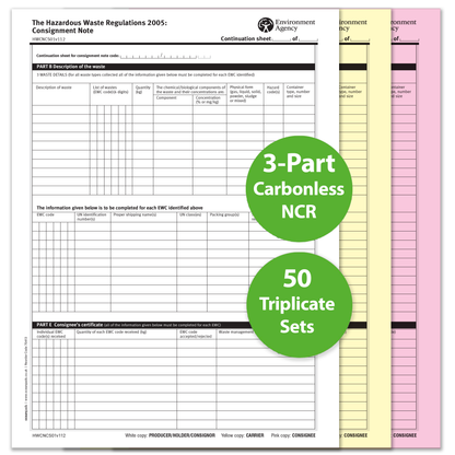 Hazardous Waste Consignment Note Continuation Sheets A4 | 3-Part NCR | 50 Sets
