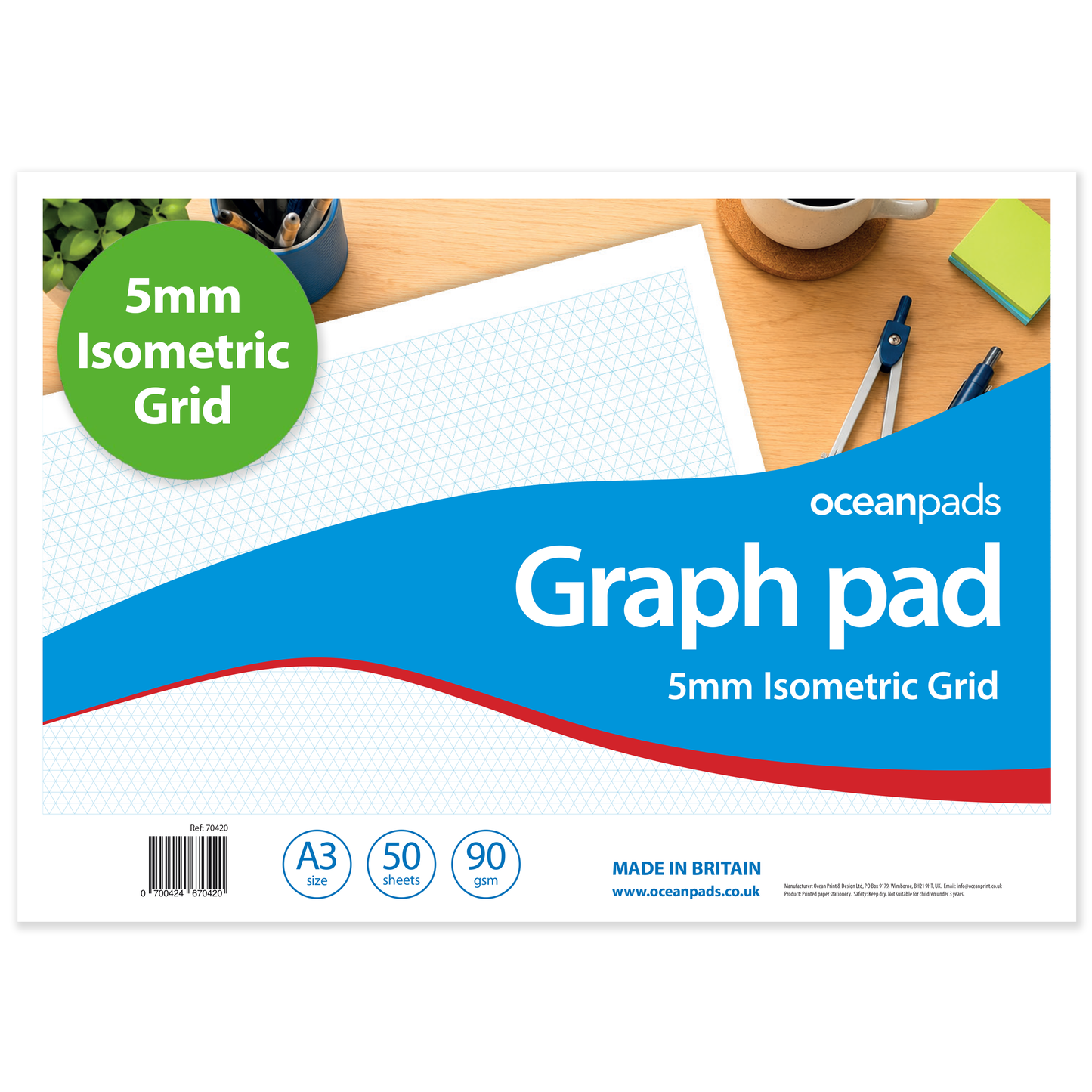 A3 Graph Pad 5mm Isometric Grid – 50 Sheets 90gsm Graph Paper for Technical Drawing, Engineering, Design & Drafting – Ocean Pads (70420)