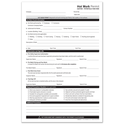 Hot Work Permit Book A4 | 50 Duplicate NCR Carbonless Sets