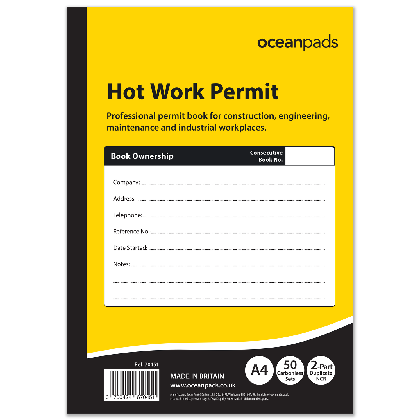 Hot Work Permit Book A4 | 50 Duplicate NCR Carbonless Sets