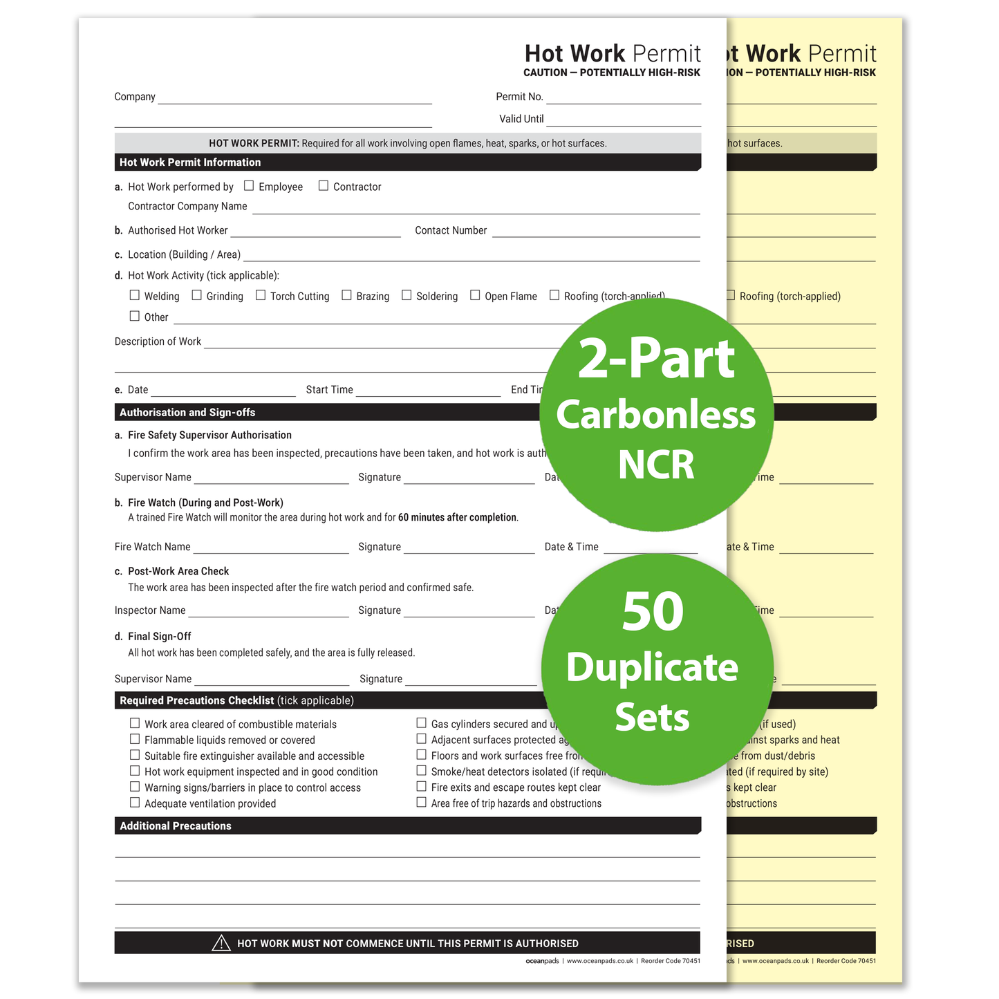 Hot Work Permit Book A4 | 50 Duplicate NCR Carbonless Sets