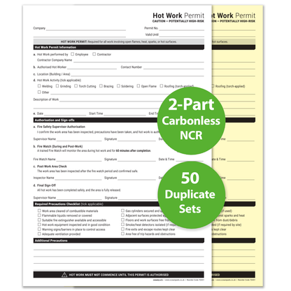 Hot Work Permit Book A4 | 50 Duplicate NCR Carbonless Sets