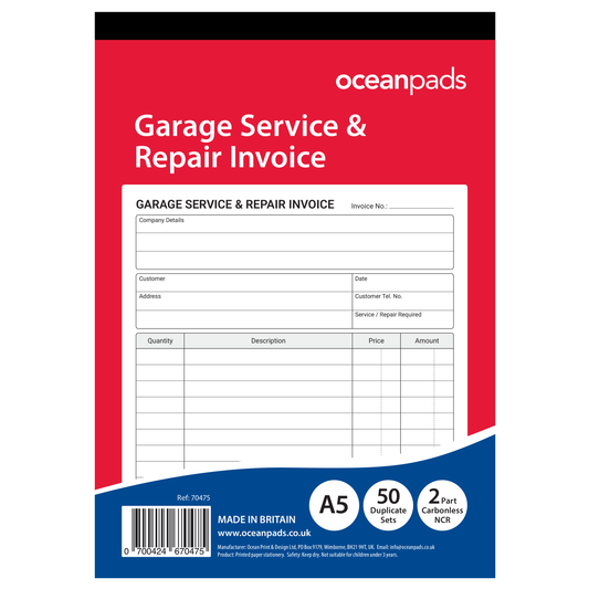 Garage Service & Repair Invoice Book A5 | Duplicate NCR | 50 Sets