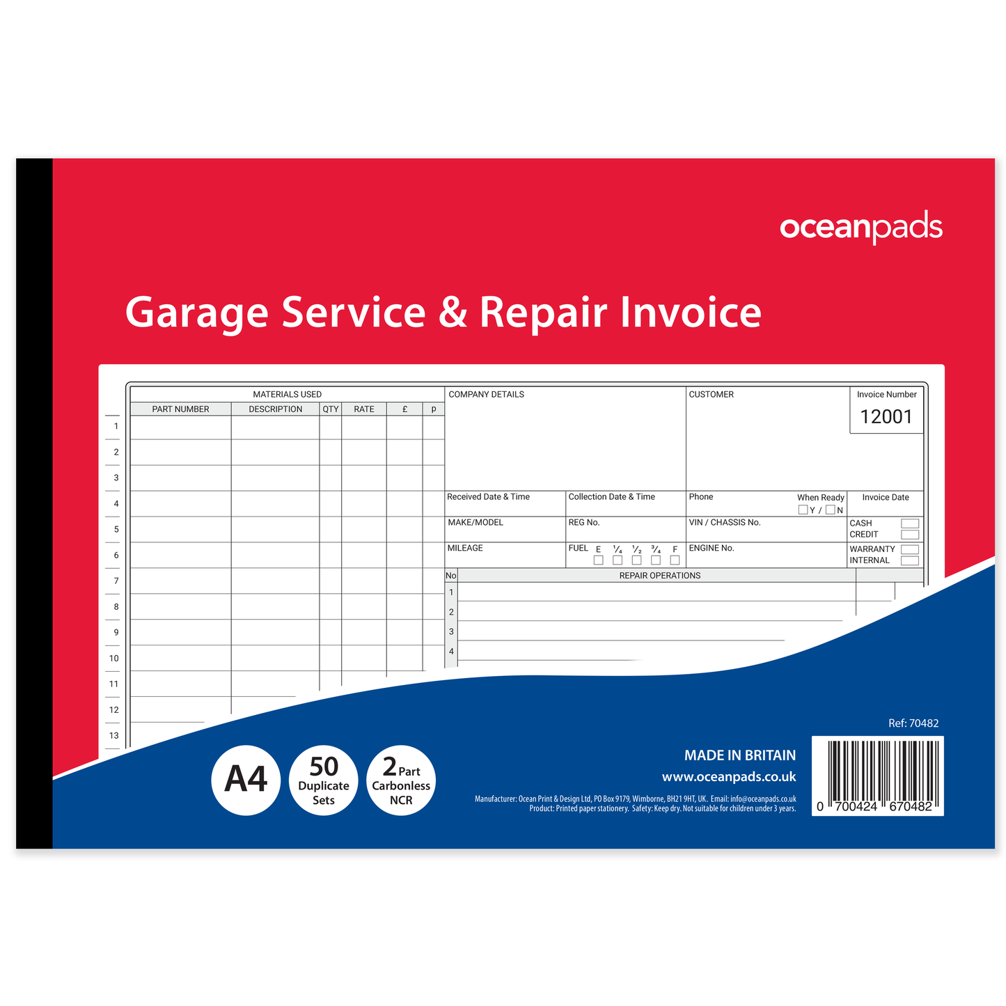 Garage Service & Repair Invoice Book – A4 2-Part NCR, 50 Duplicate Sets — Ocean Pads (70482)