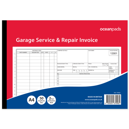 Garage Service & Repair Invoice Book – A4 2-Part NCR, 50 Duplicate Sets — Ocean Pads (70482)