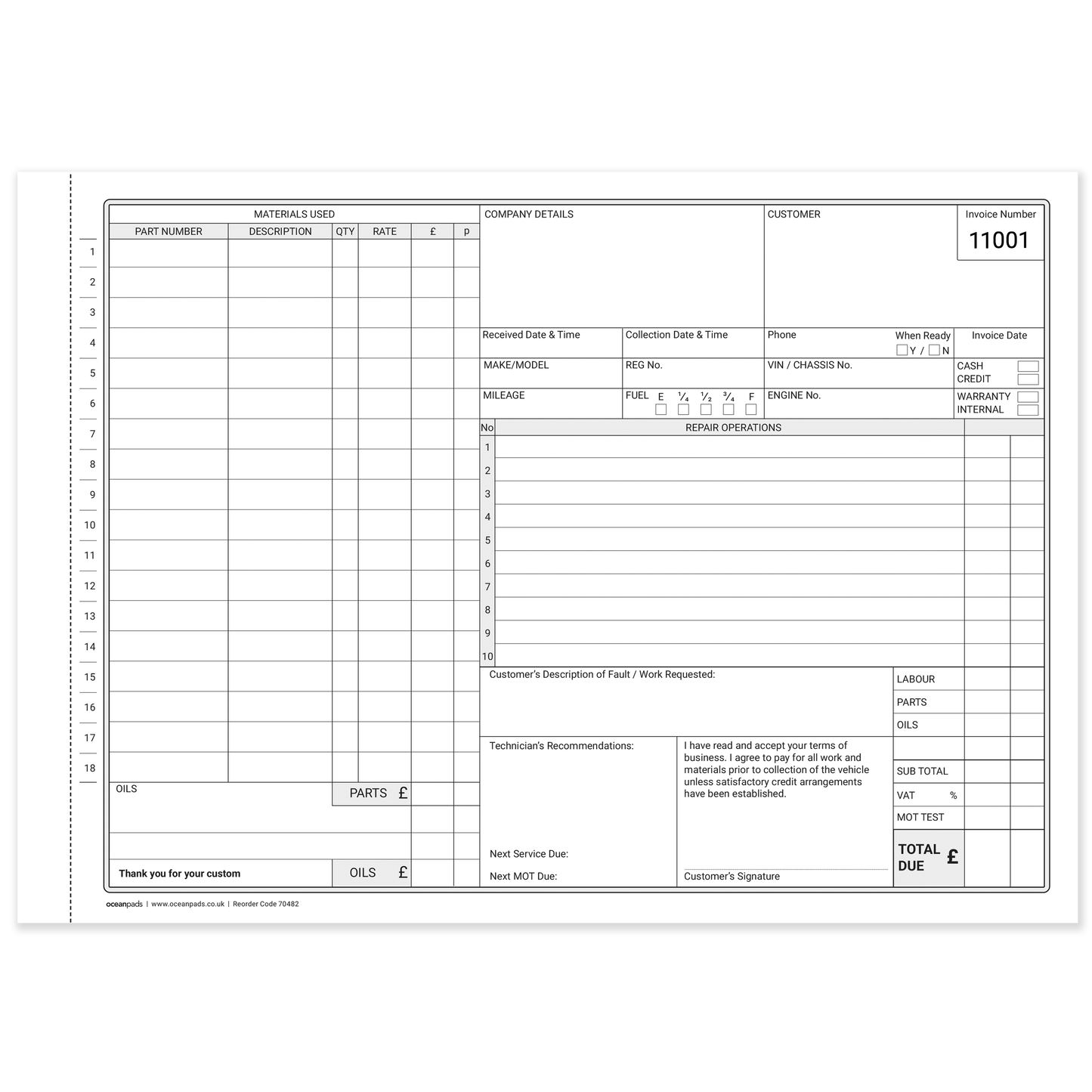 Garage Service & Repair Invoice Book – A4 2-Part NCR, 50 Duplicate Sets — Ocean Pads (70482)