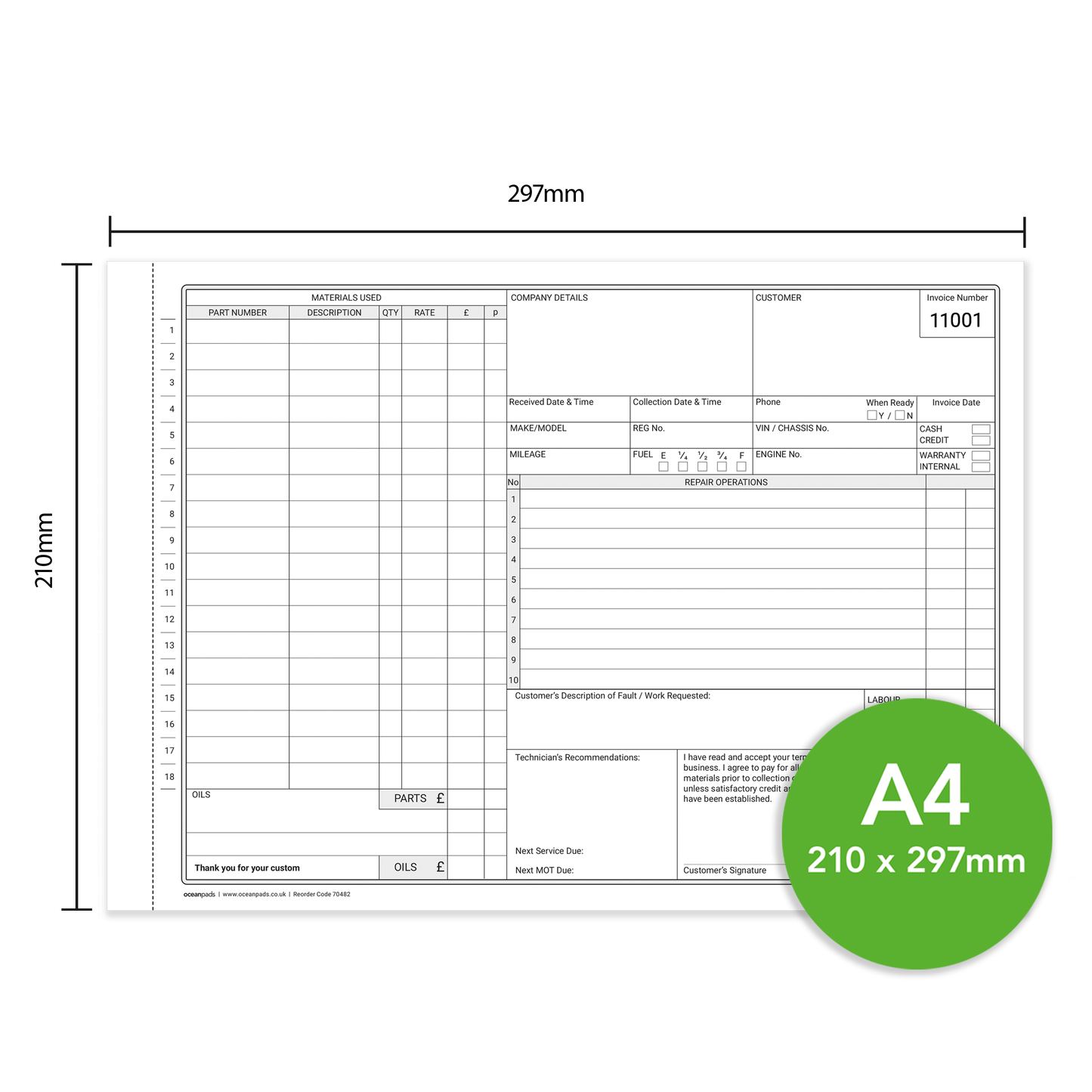 Garage Service & Repair Invoice Book – A4 2-Part NCR, 50 Duplicate Sets — Ocean Pads (70482)