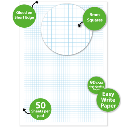 A4 Graph Pad 5mm Square Grid – 50 Sheets 90gsm Graph Paper for Technical Drawing, Plotting Graphs, Engineering & Drafting – Ocean Pads (70505)