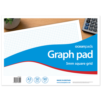 A3 Graph Pad 5mm Square Grid – 50 Sheets 90gsm Graph Paper for Technical Drawing, Plotting Graphs, Engineering & Drafting – Ocean Pads (70512)