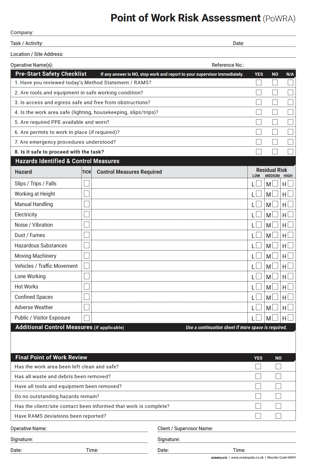 Point of Work Risk Assessment (PoWRA) Book A4 | 2-Part NCR | 50 Duplicate Sets