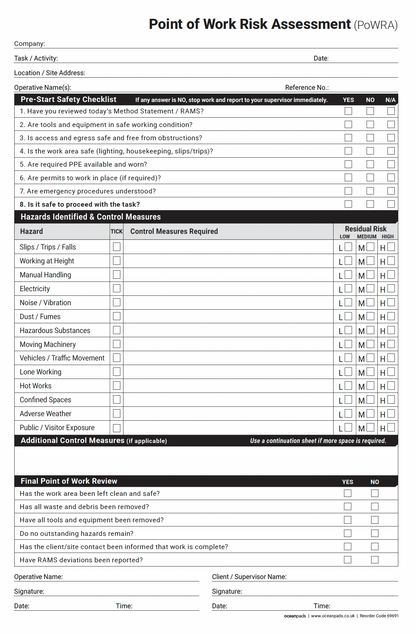 Point of Work Risk Assessment (PoWRA) Book A4 | 2-Part NCR | 50 Duplicate Sets