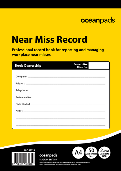 Near Miss Record Book A4 | Workplace Safety | 2-Part Duplicate NCR | 50 Carbonless Sets
