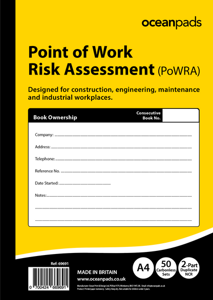 Point of Work Risk Assessment (PoWRA) Book A4 | 2-Part NCR | 50 Duplicate Sets