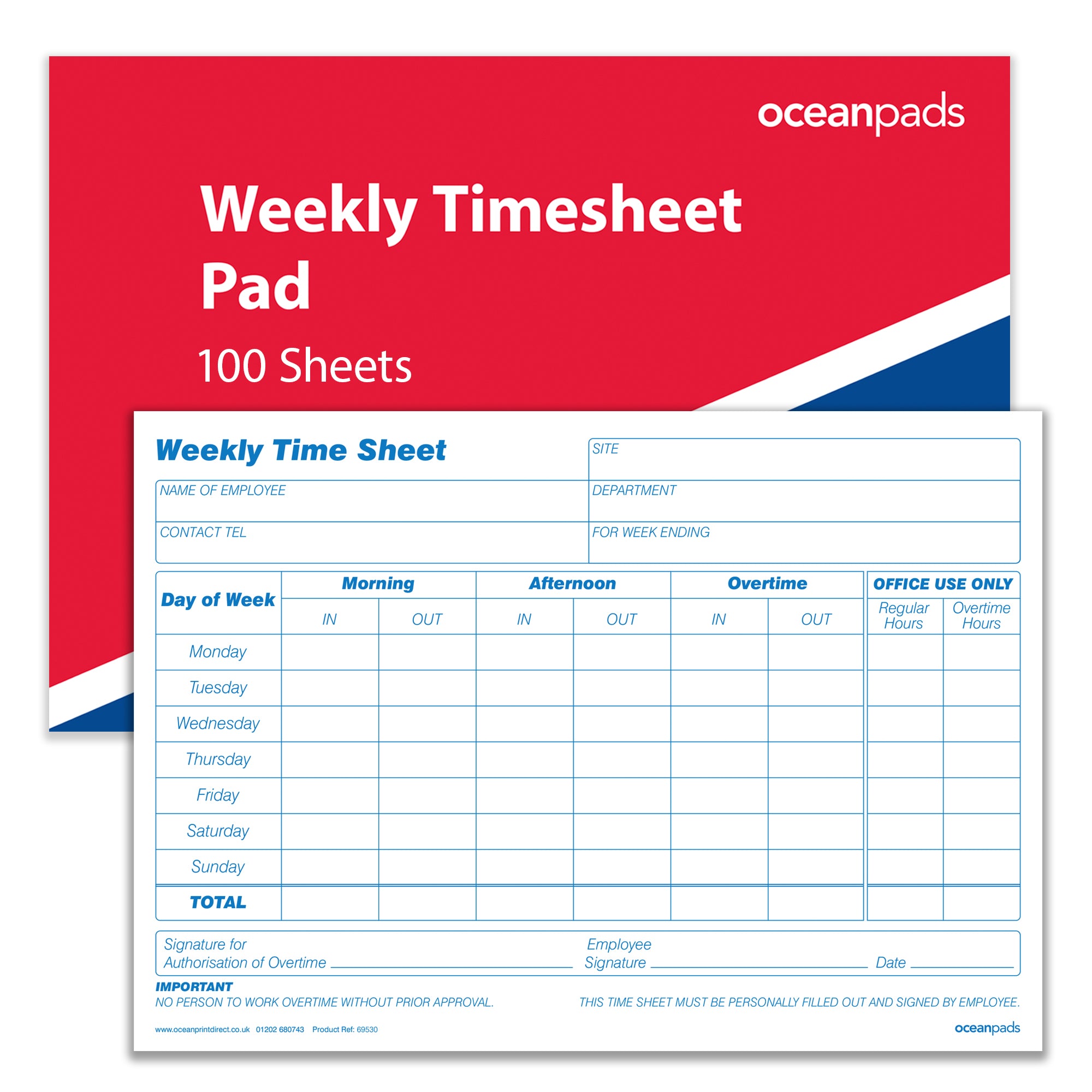 Week Over Week Form Weekly Employee Timesheet Pad, 1-Part 80gsm Paper (69530) – Ocean Pads