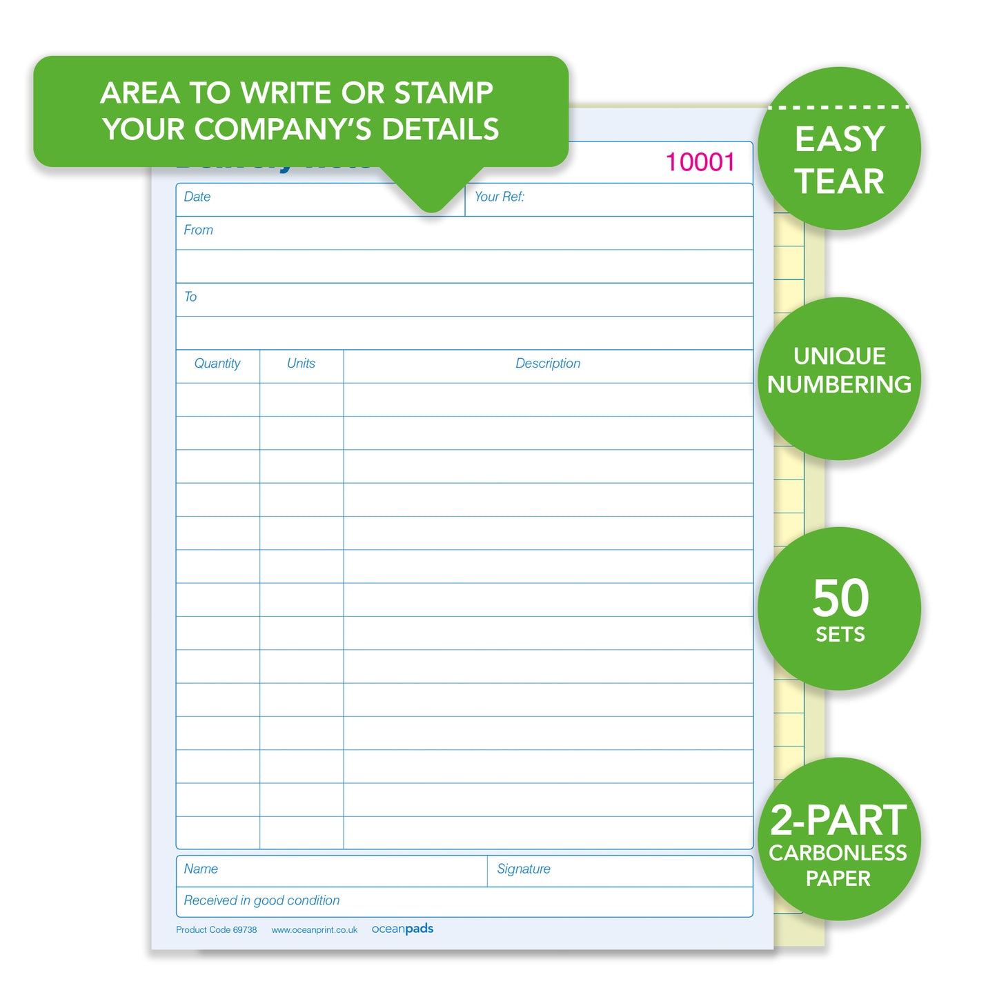 Delivery Note Book Duplicate, A5 148 x 210mm, 2-Part Carbonless Paper (Product Ref. 69738)