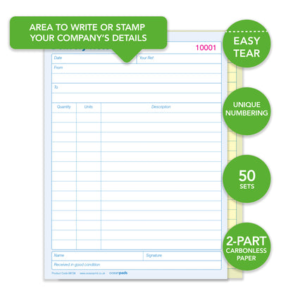 Delivery Note Book Duplicate, A5 148 x 210mm, 2-Part Carbonless Paper (Product Ref. 69738)