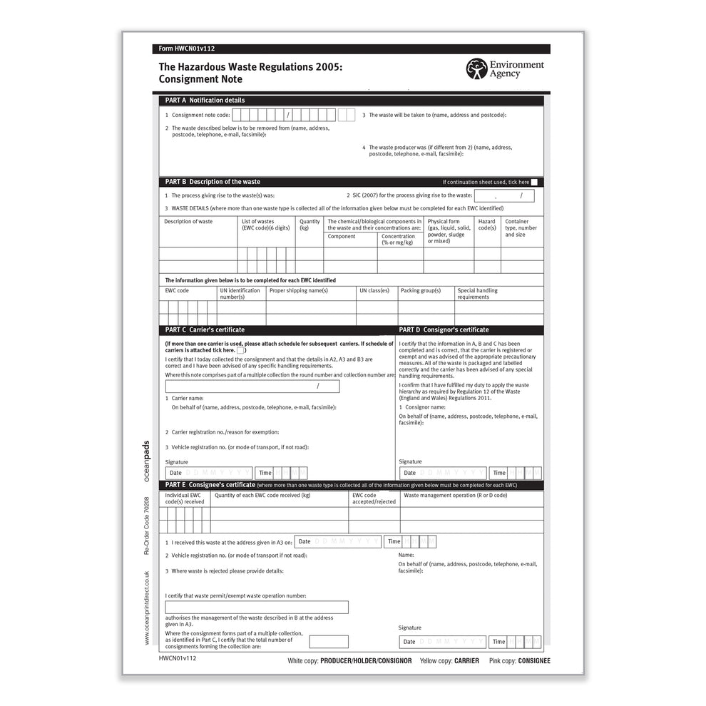 Veolia Consignment Note Environment Agency Hazardous Waste Consignment Note HWCN01v112 (70208 ...