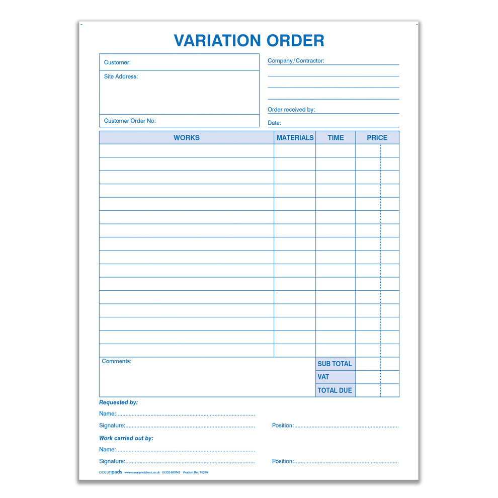 Variation Order Book A4 – Builders & Contractors Project Alteration Fo ...