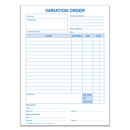 Variation Order Book A4 – Builders & Contractors Project Alteration Form – 3 Part Carbonless NCR Triplicate – 50 Sets – Ocean Pads (70239)