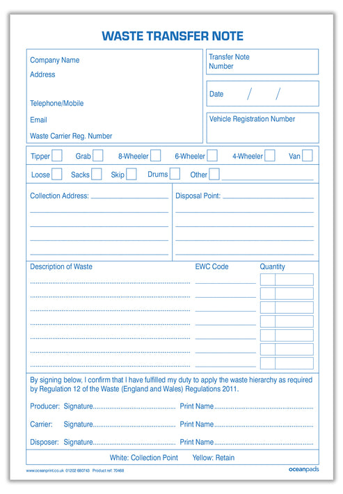 Waste Transfer Note, A5, Duplicate (70468) – Ocean Pads