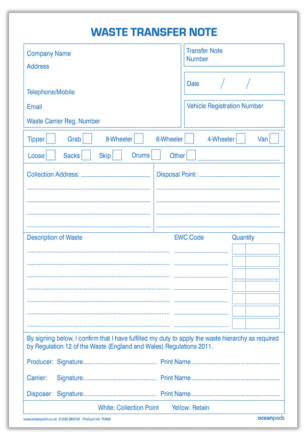 Waste Transfer Note, A5, Duplicate (70468) – Ocean Pads